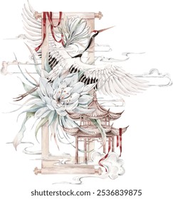 Creative combination of Chinese watercolor illustration styles such as cranes, scrolls, pavilions