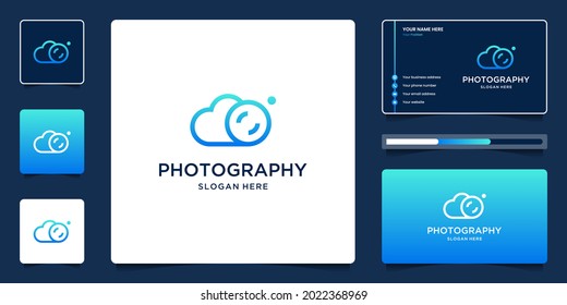Creative combination of clouds and photo frames logo design for photography with business cards