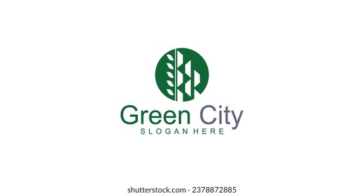 Kreative Kombination aus grünem Stadtlogo-Design mit Buchstabenkonzept| Grünes Haus-Logo| Premium-Vektorgrafik