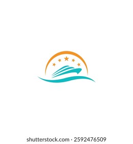 Creative combination image from yacht, wave, sun, and five star. illustration design from luxury cruise ship logo. Luxury cruiser. Icon traveling . Sign and symbol of travel, sport, adventure.