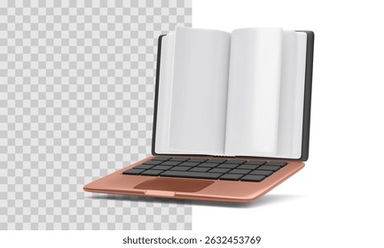 Creative Combination of Laptop and Open Book in Cartoon Style, Floating on Transparent and White Background. Ideal for Education, Learning, or Digital Knowledge Concepts. Vector Illustration.