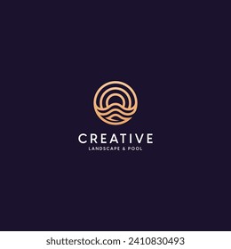 Creative combination logo design of wave, sun, mountain and leaf. Rounded line art of sky logo. Beauty outline symbol of gold sea. Iconic logo of beach. Best for travel, sport, adventure, park, gold.