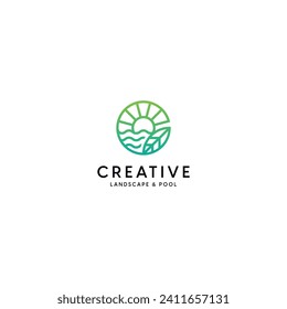 Creative combination logo design of wave, sun, mountain and leaf. Rounded line art of sky logo. Beauty outline symbol of gold sea. Iconic logo of beach. Best for travel, sport, adventure, park, green.