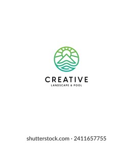 Creative combination logo design of wave, sun, mountain and leaf. Rounded line art of sky logo. Beauty outline symbol of gold sea. Iconic logo of beach. Best for travel, sport, adventure, park, green.