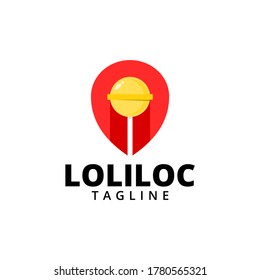 creative combination of pin location icon and lollipop. candy logo