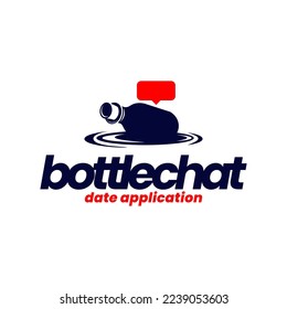 creative combination vector of bottle floating in the sea with chat bubble icon suitable for dating message app logo design