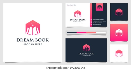 Creative combine home and book with negative space logo design template and business card. Icon can used for bookstore, library and education.