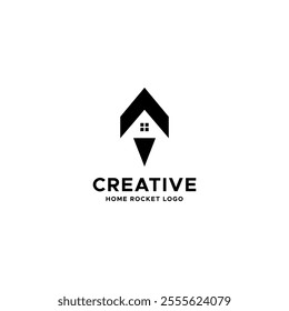 Creative combine of home and rocket logo design. Home launch symbol. Smart vector illustrator of rocket. Unique sign and symbol logo combine. Geometric. Real estate. Home marketing, invest. Up arrow