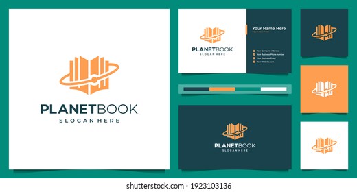 Creative combine planet and book logo design template and business card. Icon can used for bookstore, library and education.