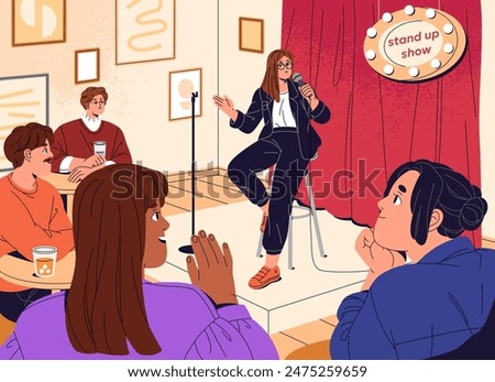 Creative comedian tells jokes at standup show. Funny comic on stool speaks monologue on stage of open mic. Stand uper is on comedy performance with microphone for audience. Flat vector illustration