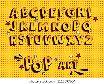 Creative Comic Font. Alphabet In Style Of Comics, Pop Art. Multilayer Funny Yellow 3d Letters And Figures, For Kids Illustration, Comics, Banners On A Yellow Circular Striped Background