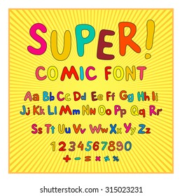Creative comic font. Alphabet in style of comics, pop art. Multilayer funny red & chocolate  3d letters and figures on a yellow circular striped background. For kids' illustrations,  comics, banners