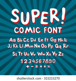 Creative comic font. Alphabet in style of comics, pop art. Multilayer funny red & chocolate  3d letters and figures on a yellow circular striped background. For kids' illustrations,  comics, banners
