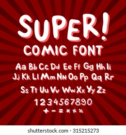 Creative Comic Font. Alphabet In Style Of Comics, Pop Art. Multilayer Funny Red & Chocolate  3d Letters And Figures On A Yellow Circular Striped Background. For Kids' Illustrations,  Comics, Banners