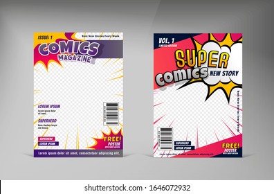 Creative comic magazine cover template design. Book cover for comic cartoon magazine page illustration.