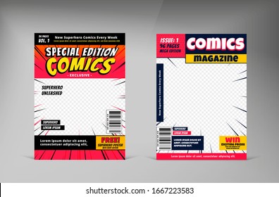 Creative comic magazine cover template design. Book cover for comic cartoon magazine page illustration.