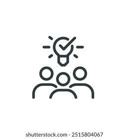 Creative community, collective insight, group knowledge outline icon. Line sign group of three people with light bulb above their heads. Vector isolated pictograms on white background editable stroke.