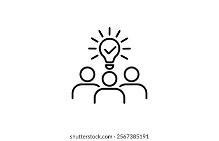 Creative community, group knowledge outline icon, group of three people with light bulb above their heads. Vector 