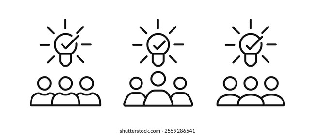 Creative community icon set. Three people with light bulb outline sign represent of creativity, collective insight, group knowledge. Vector editable stroke