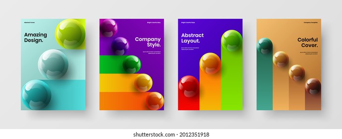 Creative company brochure A4 vector design illustration composition. Clean realistic spheres corporate cover layout collection.