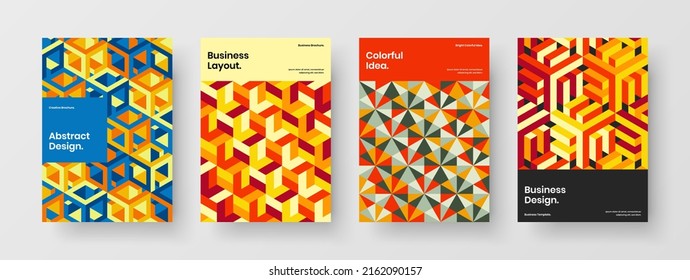 Creative company brochure A4 vector design template collection. Modern mosaic pattern catalog cover layout composition.
