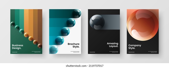 Creative company identity A4 design vector layout bundle. Isolated realistic spheres placard template composition.