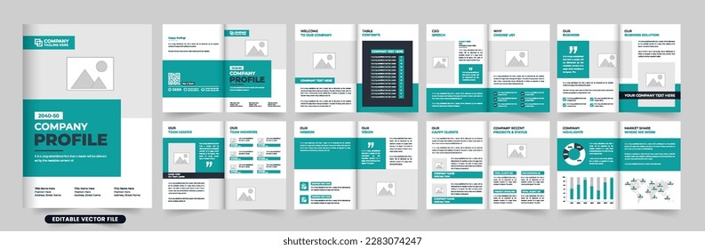 Creative company presentation magazine and booklet design with photo placeholders. Business annual report and proposal layout template with dark aqua and black colors. Corporate business portfolio.