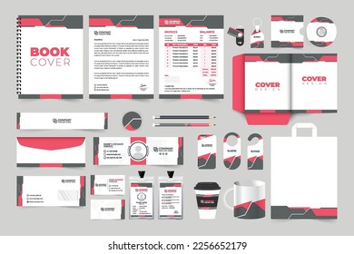 Creative company promotional stationery design with red and black colors. Brand identity template collection for marketing. Corporate business advertisement letterhead, invoice, ID card design.