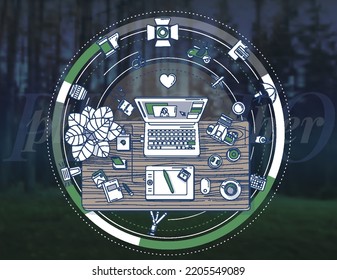 Ilustración creativa y compleja para afiche sobre fotógrafos.