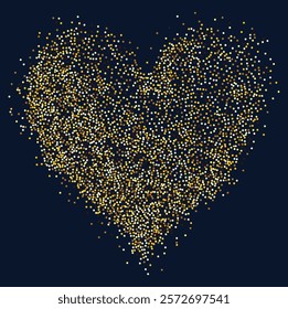 Creative composition of circular gold particles, heart shaped powder. Perfect for love-themed and romantic designs, the artistic arrangement conveys charm and elegance with heart-shaped elements.