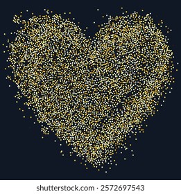 Creative composition of circular gold particles, heart shaped powder. Perfect for love-themed and romantic designs, the artistic arrangement conveys charm and elegance with heart-shaped elements.