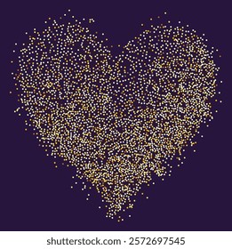 Creative composition of circular gold particles, heart shaped powder. Perfect for love-themed and romantic designs, the artistic arrangement conveys charm and elegance with heart-shaped elements.