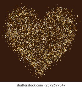 Creative composition of circular gold particles, heart shaped powder. Perfect for love-themed and romantic designs, the artistic arrangement conveys charm and elegance with heart-shaped elements.