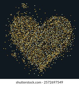 Creative composition of circular gold particles, heart shaped powder. Perfect for love-themed and romantic designs, the artistic arrangement conveys charm and elegance with heart-shaped elements.