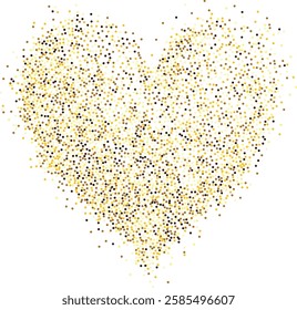 Creative composition of circular gold particles, heart shaped powder. Perfect for love-themed and romantic designs, the artistic arrangement conveys charm and elegance with heart-shaped elements.