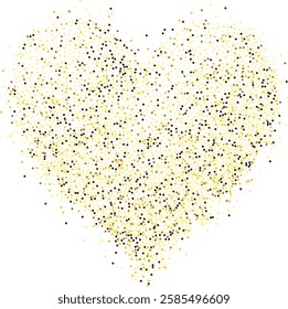 Creative composition of circular gold particles, heart shaped powder. Perfect for love-themed and romantic designs, the artistic arrangement conveys charm and elegance with heart-shaped elements.