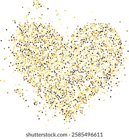 Creative composition of circular gold particles, heart shaped powder. Perfect for love-themed and romantic designs, the artistic arrangement conveys charm and elegance with heart-shaped elements.