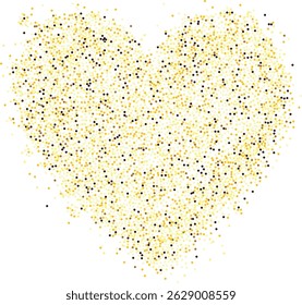Creative composition of circular gold particles, heart shaped powder. Perfect for love-themed and romantic designs, the artistic arrangement conveys charm and elegance with heart-shaped elements.