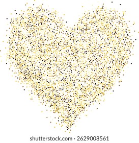 Creative composition of circular gold particles, heart shaped powder. Perfect for love-themed and romantic designs, the artistic arrangement conveys charm and elegance with heart-shaped elements.
