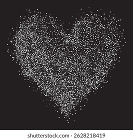 Creative composition of circular gray particles, heart shaped powder. Perfect for love-themed and romantic designs, the artistic arrangement conveys charm and elegance with heart-shaped elements.