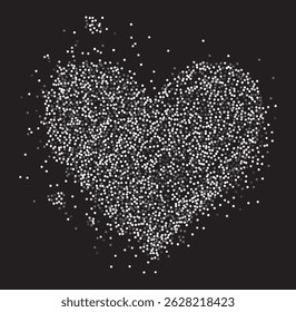 Creative composition of circular gray particles, heart shaped powder. Perfect for love-themed and romantic designs, the artistic arrangement conveys charm and elegance with heart-shaped elements.