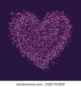 Creative composition of circular pink particles, heart shaped powder. Perfect for love-themed and romantic designs, the artistic arrangement conveys charm and elegance with heart-shaped elements.