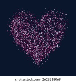 Creative composition of circular pink particles, heart shaped powder. Perfect for love-themed and romantic designs, the artistic arrangement conveys charm and elegance with heart-shaped elements.