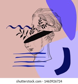 Creative composition with contemporary scribbles and antique marble roman and greek statue of female head with branch in surreal style. 
