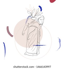 Creative composition with contemporary scribbles and antique marble roman and greek statue of goddess with branch in surreal style. 