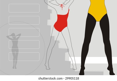 Creative composition with figures of girls. In the centre the figure silhouette in a bathing suit is located. Near to it there is a silhouette of female feet.