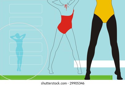 Creative composition with figures of girls. In the centre the figure silhouette in a bathing suit is located. Near to it there is a silhouette of female feet.