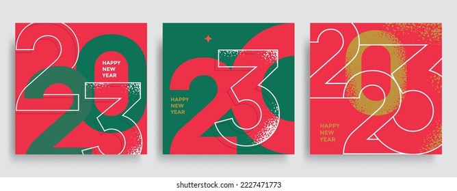 Creative Composition Happy New Year 2023 posters. Trendy holiday typography logo 2023 for season Christmas decoration.