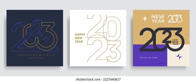 Creative Composition Happy New Year 2023 posters. Trendy holiday typography logo 2023 for season Christmas decoration.