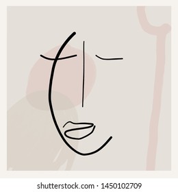 Creative composition with line portrait of a woman on freehand background with shapes 